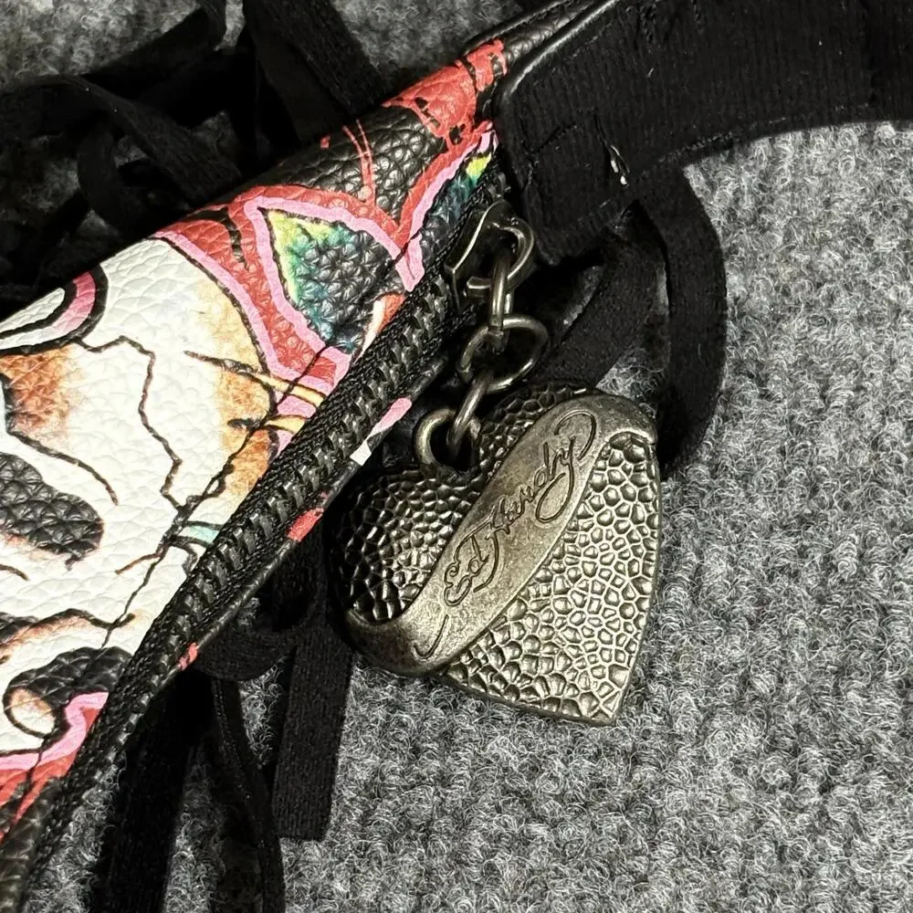 Ed Hardy Hobo Bag Womens Large Red Black Skull Rose Fringe Adjustable Print Y2K